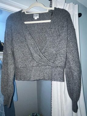 Cropped V-Neck Wrap Gray Women's Sweater